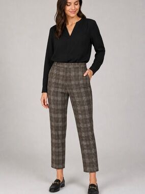 H&M Brown Plaid Trousers Size 12 Dark Academia Career Workwear Slim Straight❤️